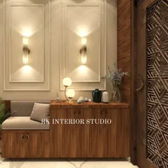 A 3D render of a luxury foyer design. This concept includes a wooden shoe rack with a comfortable seating nook and elegant wall lamps.