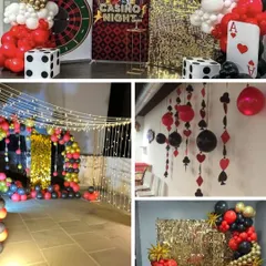 We bring the excitement of Vegas to you with our popular casino and card party themes, perfect for Diwali celebrations or milestone birthdays. This collage showcases our ability to transform a space with elements like balloon arches, a roulette wheel backdrop, and giant dice props.