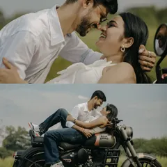 A diptych of pure joy and playful romance. This collage from their Royal Enfield pre-wedding shoot is all about laughter and love.