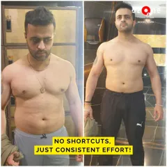 This transformation shows the result of consistent effort without shortcuts. Notice the increased muscle definition in the chest and abdomen and an overall leaner build.