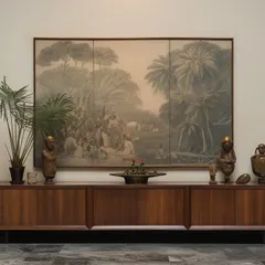 For oversized artwork, the frame must provide both structural support and aesthetic balance. We framed these large 8-foot by 4.5-foot canvas panels in a solid wooden shadowbox frame to create a commanding and elegant centerpiece.
