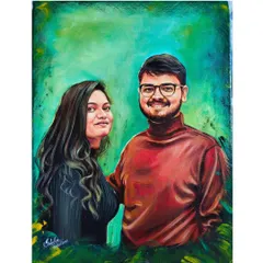 A 12" x 18" acrylic on canvas couple portrait. The bright, abstract green background creates a modern feel, highlighting the warm tones of their clothes and their connection.