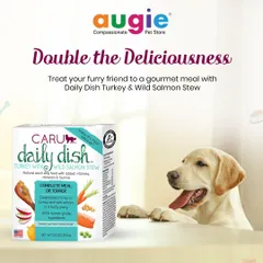 Treat your dog to a gourmet meal with Caru Daily Dish Turkey & Wild Salmon Stew. It's made with 100% human-grade ingredients and can be served as a complete meal or a tasty topper.