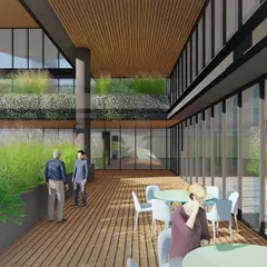 My design concept for a corporate tower's outdoor terrace, featuring wooden decking and extensive planters. The rendering illustrates how biophilic design can be integrated into a high-rise building to create restorative breakout spaces for employees.
