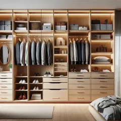 This light wood closet design is seamlessly integrated into a bedroom. The open-concept layout with varied shelving and drawers offers a functional and aesthetically pleasing storage solution.