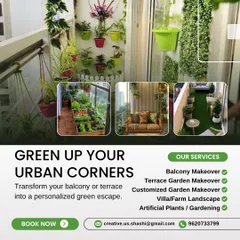 Greening up your urban corners is our specialty. This image provides a snapshot of our diverse projects, including a balcony with colorful wall planters, a terrace with a cozy seating area on artificial grass, and a modern swing setup. It also clearly lists our primary services, from balcony makeovers to full landscape design.