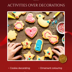 We believe in activities over decorations. This image showcases a fun and delicious cookie decorating session, where kids can express their creativity with colorful icing and sprinkles.