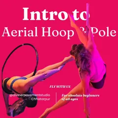 A snapshot of what you can learn in my introductory aerial classes. This poster highlights our beginner-focused approach to both aerial hoop and pole, welcoming people of all ages to come and fly with us at the Chhatarpur studio.