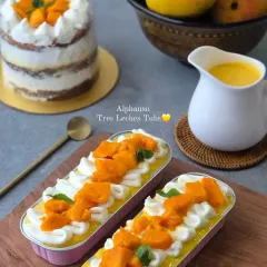 I offer a variety of mini fresh Alphonso desserts. This includes my popular Tres Leches tubs and a semi-naked mini cake, all bursting with real mango flavor.