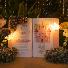 The story begins here. This giant, illuminated storybook was a custom-made entrance piece for a princess party, setting a magical tone from the moment guests arrived. These personalized details are what make your child's party truly unique.
