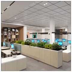 Biophilic design is central to our office interiors. Here, large planters act as natural dividers, improving air quality and creating a more pleasant and productive work environment.