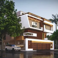 A 3D render of a modern villa with bold, angular white frames contrasting with warm brown tones. The design includes a large integrated garage and strategically placed windows to maximize natural light.