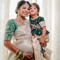 A beautiful example of a glowing look for an expecting mother. Swathi's skin looks healthy and luminous for her baby shower.
