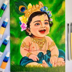 The full view of my Bal Krishna acrylic painting, surrounded by the paints and brushes I used. You can see the layers of color that build up his cheerful form and the details in his peacock feather crown.