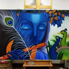 This large Krishna painting is one of my favorites, created to be a magical centerpiece. I love working on expansive canvases, using vibrant blues and intricate details like the peacock feather to bring a sense of divine peace to a space.