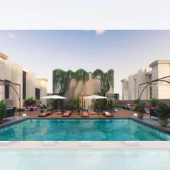 A render of the sky-level infinity pool at Crescent Park 9 in Bandra. The design incorporates lush greenery and elegant cabanas to create a luxurious and private recreational space for residents.