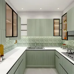 This angle showcases the ample counter space and smart storage solutions. The mix of closed cabinets, glass-fronted displays, and open shelving ensures everything has its place.