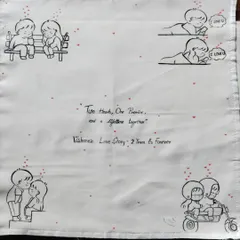 This custom handkerchief tells a two-year love story. It features scenes like sitting on a bench, texting "I love U," and riding a scooter together, along with a personalized quote.