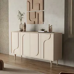 A modern contemporary sideboard with a unique, abstract pattern carved into the doors. This piece, shown in a soft neutral finish, is perfect for a home office, bedroom, or living space.