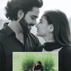 An artistic collage that pairs a dramatic black and white close-up with a sweet, candid moment of the couple relaxing in the grass.