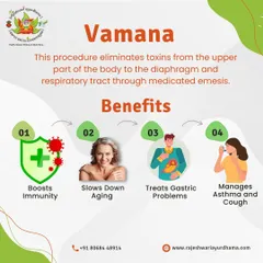 Vamana is a medicated emesis therapy that eliminates toxins from the upper body, particularly the respiratory tract. It is beneficial for managing conditions like asthma and cough, boosting immunity, and treating gastric issues.