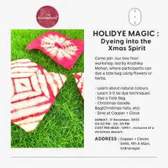 Our flyer for a special Christmas-themed tie-dye workshop. I love creating themed sessions for holidays and festivals, which are perfect for corporate family days or private parties.