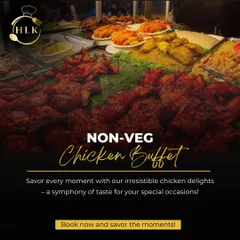 Our Non-Veg Chicken Buffet is a crowd favorite for office celebrations and large events. This graphic showcases the abundant variety you can expect, from tandoori starters to rich gravies and aromatic biryanis.