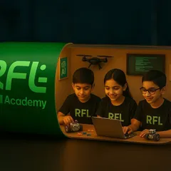 This creative image presents our academy as a "capsule for a bright future," containing all the essential ingredients: robotics, AI, coding, and drone technology.