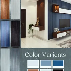 This living room features our deep blue fluted panels, creating a modern and sophisticated accent wall. We offer these WPC panels in a wide variety of colors, from classic wood tones to bold blues and subtle grays, ensuring you find the perfect match for your interior design.