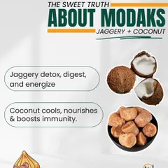 Even festive sweets can be healthy with Ayurveda. Modaks made with jaggery and coconut are not just delicious. Jaggery helps detox and energize, while coconut cools the body and boosts immunity.