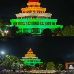 A collage capturing the patriotic fervor of our Independence Day celebrations. The entire community comes together to honor the nation with music, meditation, and joy.