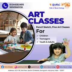 Our fine art classes provide a nurturing space for artists of all ages, from children to adults. This promotional graphic highlights our programs in pencil sketching and painting, designed to build foundational skills and encourage artistic expression.