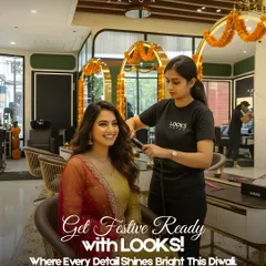 A client getting ready for Diwali at my salon. I provide complete festive makeovers, ensuring every detail from her hair and makeup to her nails shines bright for the celebration.