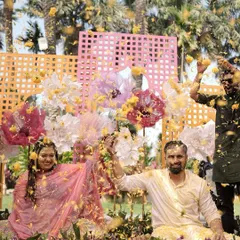 A picture-perfect Haldi with a custom floral backdrop. We design unique decor setups for each event, ensuring your Haldi looks and feels completely different from your Sangeet or wedding.