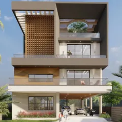 This is the architectural render for a 15,000 sq. ft. modern bungalow in Ulwe, Navi Mumbai. The design features clean lines, expansive glass, and a thoughtful integration of indoor and outdoor spaces, including a covered stilt parking area and a terrace garden.