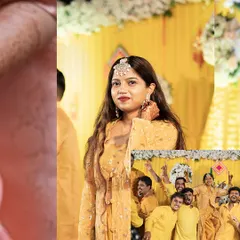 A fun collage from the Haldi ceremony, showing the bride looking radiant and a candid shot of the groom's friends celebrating with him.