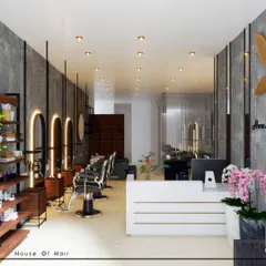 This is a 3D concept I developed for another 'House of Hair' location in Paschim Vihar. This design explores a more industrial-chic aesthetic with concrete-finish walls, suspended mirrors, and warm wood shelving for a modern, edgy vibe.