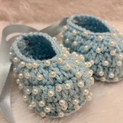 This pair of pearl-studded booties in a lovely baby blue is a perfect example of how I can customize colors to your preference.