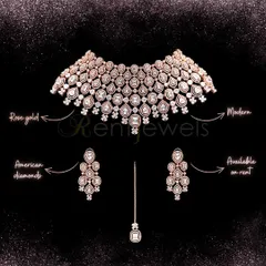 A beautiful rose gold choker necklace set crafted with American diamonds. This magical piece adds modern radiance to your special occasion and is available to rent now.
