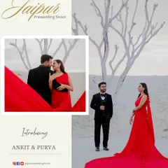 An introductory image for Ankit and Purva, highlighting the epic scale of their shoot with the long red trail gown against the stark white background and minimalist trees.