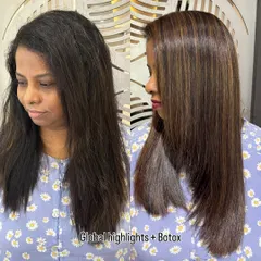 Yes, you can get highlights and a smoothing treatment together. Here, I combined global highlights with a Hair Botox treatment to not only add dimension with color but also to ensure the hair remains smooth, healthy, and frizz-free.