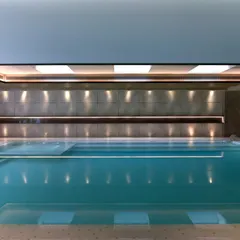 This sleek indoor swimming pool is a private sanctuary for year-round wellness. We designed the space with clean lines, sophisticated wall textures, and integrated ceiling lights that reflect beautifully on the water's surface, creating a calm and luxurious atmosphere.