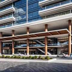 The grand entrance and drop-off area for the hotel component in our Vasai development. The expansive canopy and warm wooden accents create a welcoming and luxurious sense of arrival for guests.