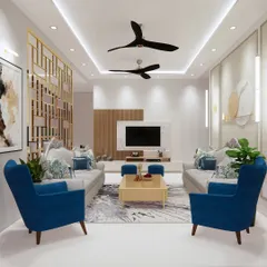A visualization of a bright and airy living room we designed, featuring a gold-accented partition, a modern TV unit, and plush blue armchairs for a pop of color.