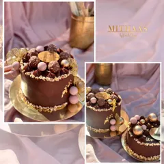 A collage showing different angles of the Ferrero Rocher cake. You can see the rich chocolate frosting, the crunchy hazelnut border, and the elegant arrangement of pink and gold decorative spheres.