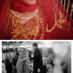 A diptych capturing the essence of a Muslim wedding: a close-up of the bride's radiant smile through her veil, and a black and white shot of the ceremony.