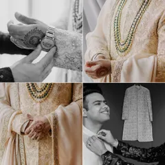 A collage of the groom's details, from his watch to his necklace, and the final moments of getting ready with his friends.