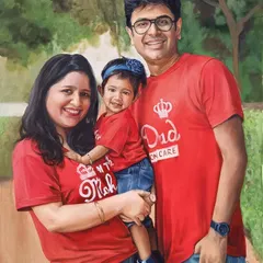 A joyful family is a beautiful subject to paint. I loved working on this custom family portrait, ensuring each person's smile and personality shone through. Creating a cohesive and happy scene with matching outfits makes for a truly special piece of wall art.