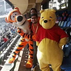 Winnie the Pooh and Tigger are available for hire, shown here at a large public event. These character appearances work well for both small parties and big carnivals.