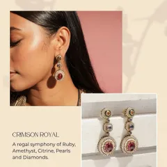 The Crimson Royal earrings, featured as a top festive pick. Their regal symphony of ruby, amethyst, citrine, pearls, and diamonds makes them a perfect statement for any grand occasion.